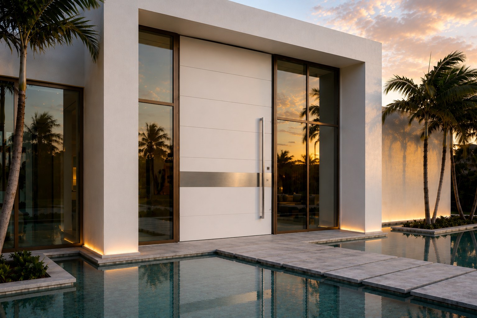 AURUM white pivot entrance door with a brushed-steel inlay band and balanced glass sidelights, on a modern Florida villa at golden hour with a pool and palms