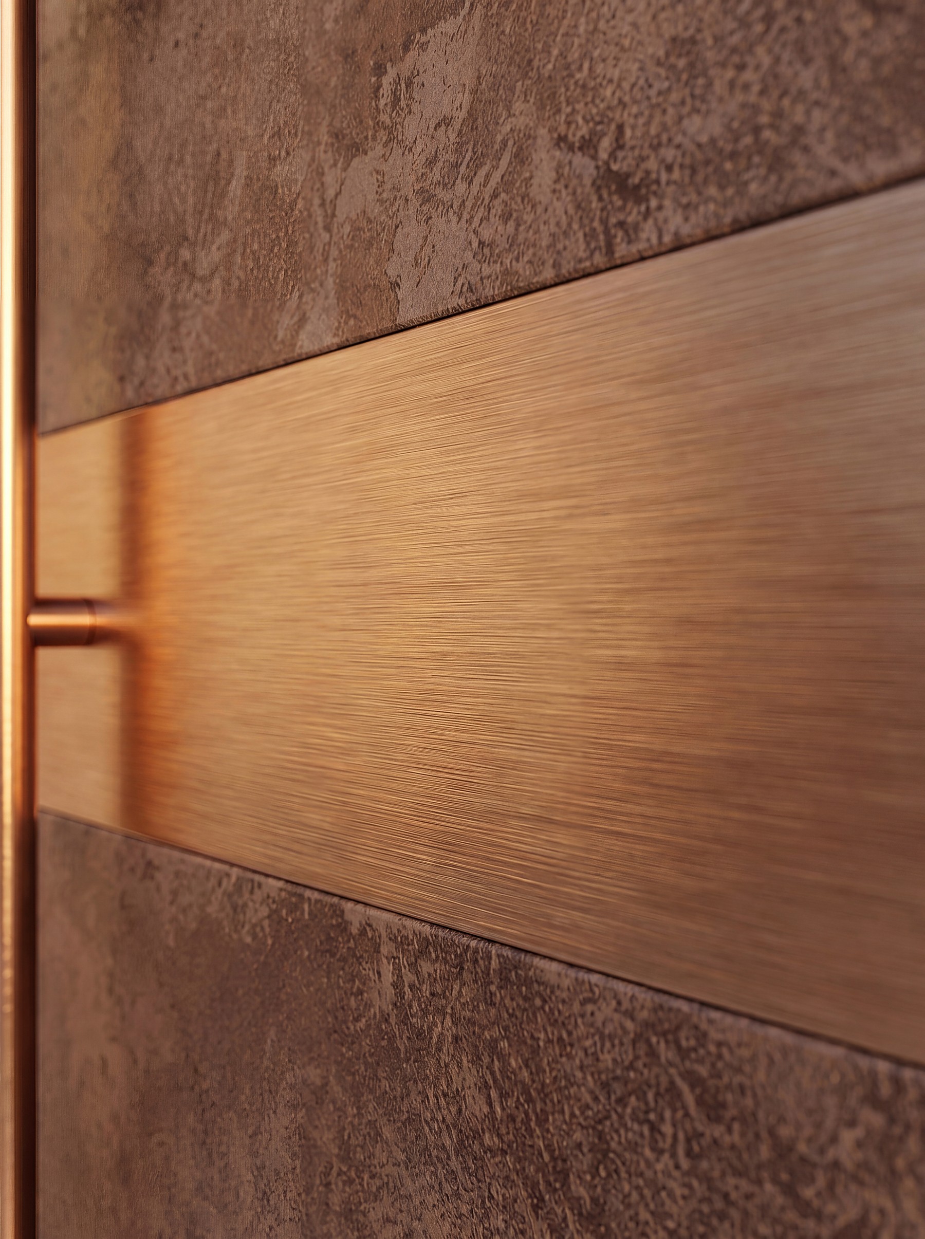 Close-up of the brushed-bronze insert band across Moro Natural stone on an ORO door