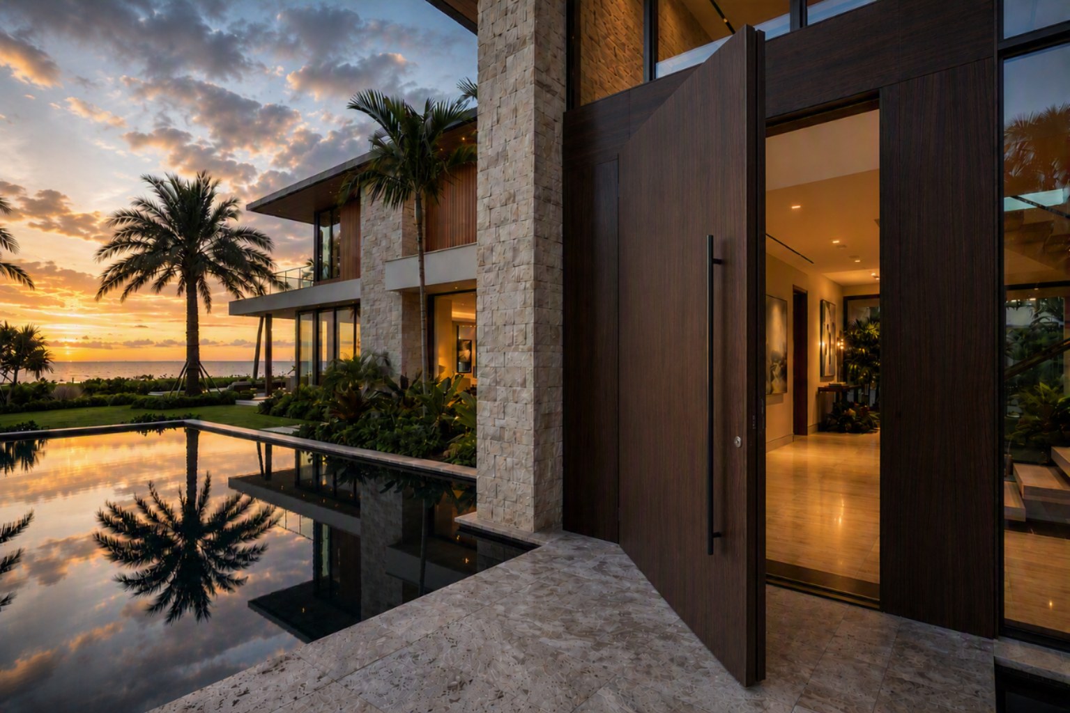 FORTIS dark espresso wood entrance door open to a warm interior, on a modern Florida villa at sunset with a reflecting pool and palms
